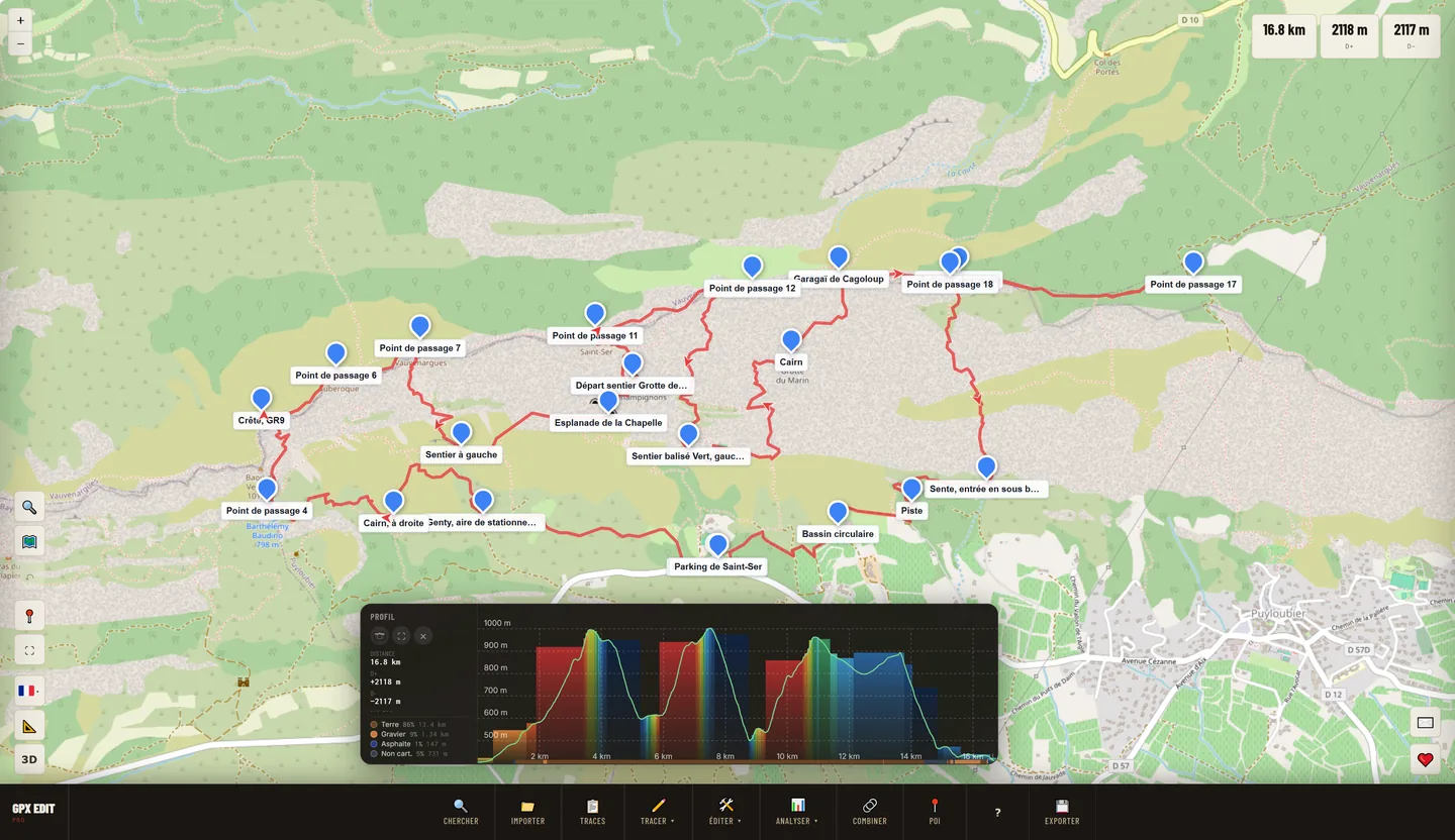 GPX Edit Pro interface: a 16.8 km hiking track on a topographic map around the Sainte-Victoire, named waypoints, an elevation profile coloured by gradient and the breakdown of surfaces