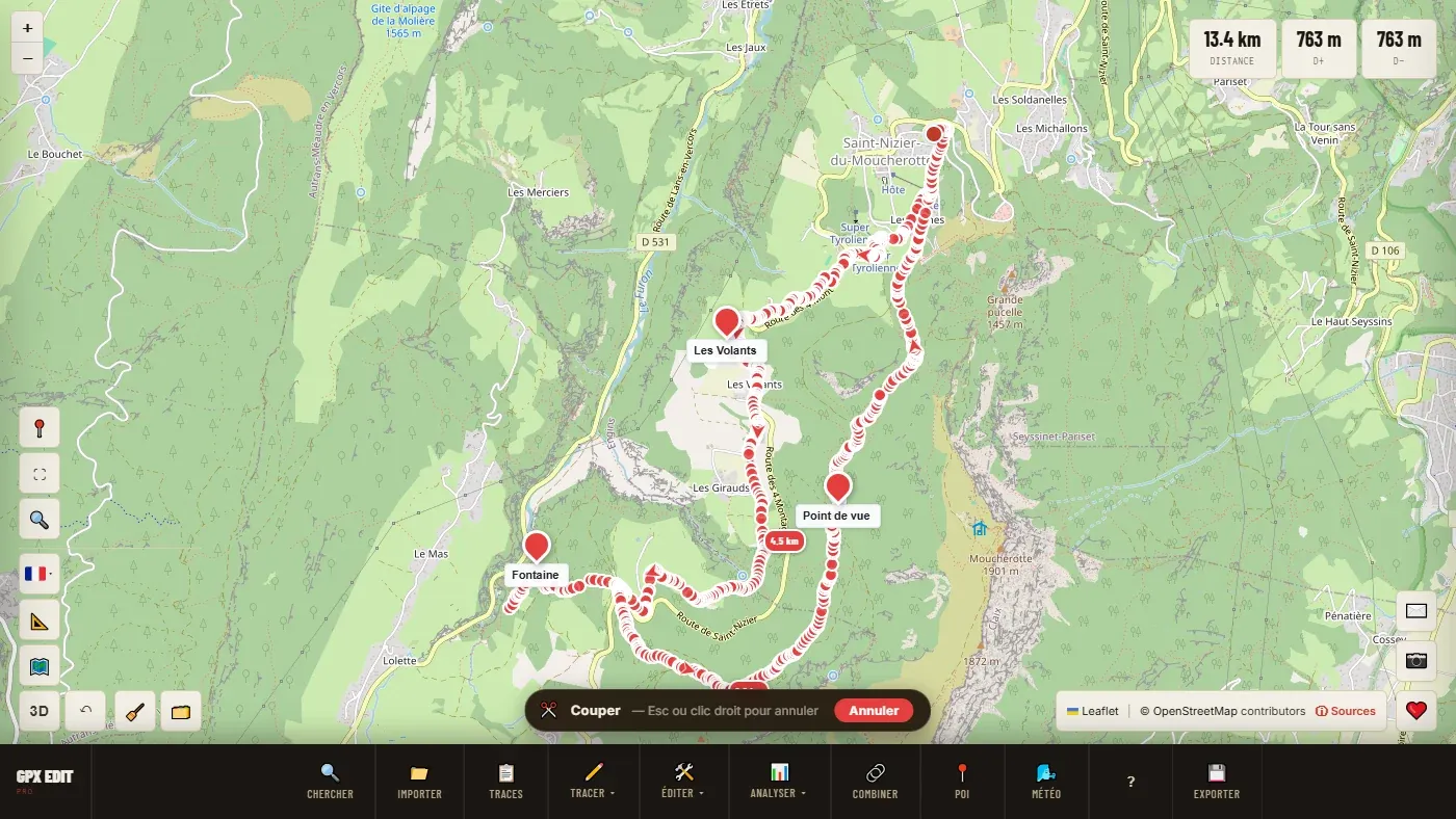 Le mode Couper : chaque point de la trace devient un rond rouge cliquable