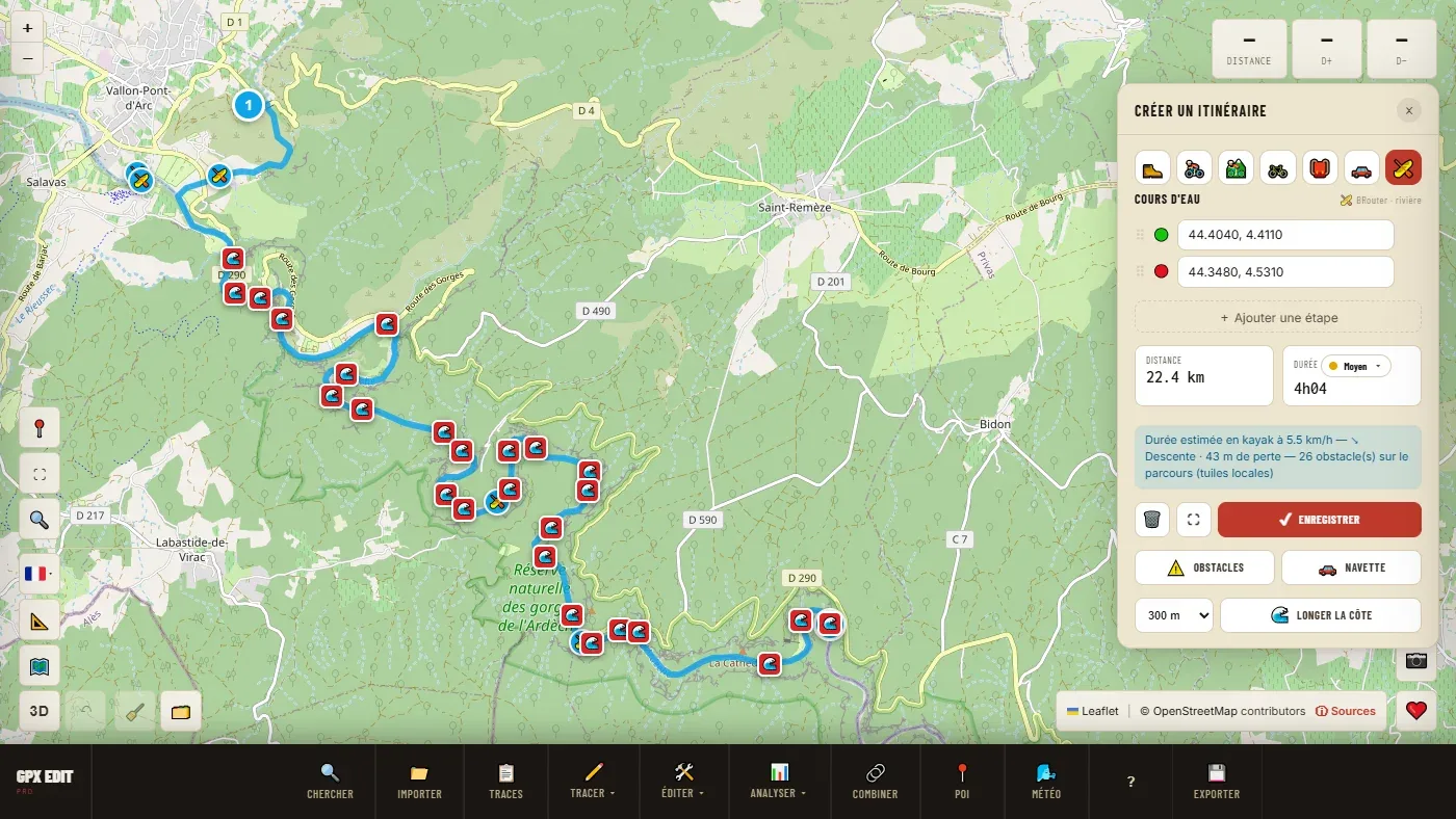 Kayak descent of the Ardèche gorges drawn with the Waterway profile: 22.4 km, 4 h, hazards flagged