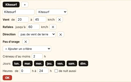 Le formulaire Mes conditions avec le préréglage Kitesurf : vent de 20 à 45 km/h, rafales jusqu'à 60, pas de vent de terre, pas d'orage, créneau d'au moins 2 h