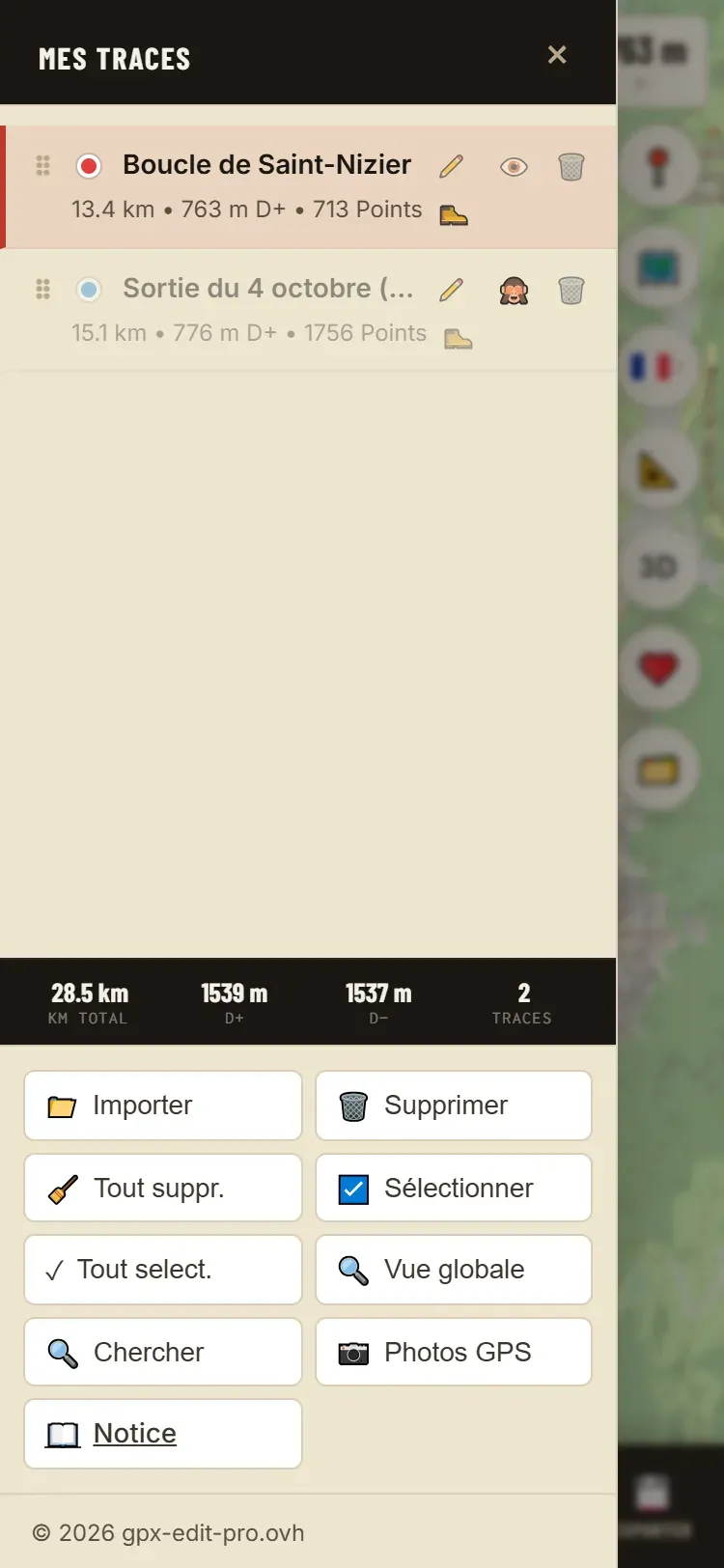 La liste des traces sur téléphone