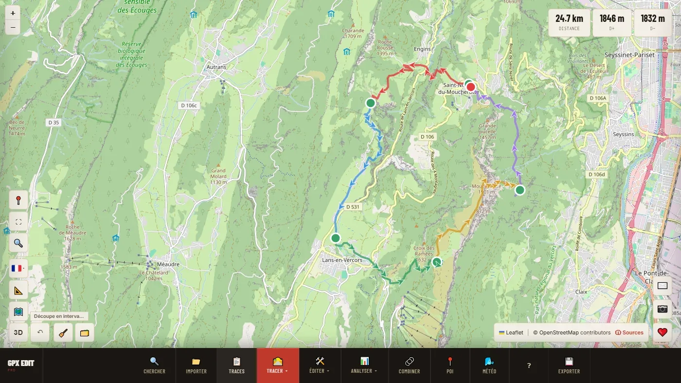 Un parcours de trail de 24,7 km découpé en cinq tronçons de 5 km, chacun dans sa couleur