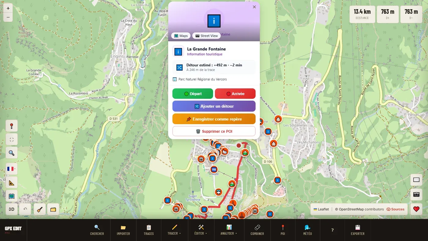 La fiche d'un POI avec la distance à la trace et les boutons Départ, Arrivée, détour et repère