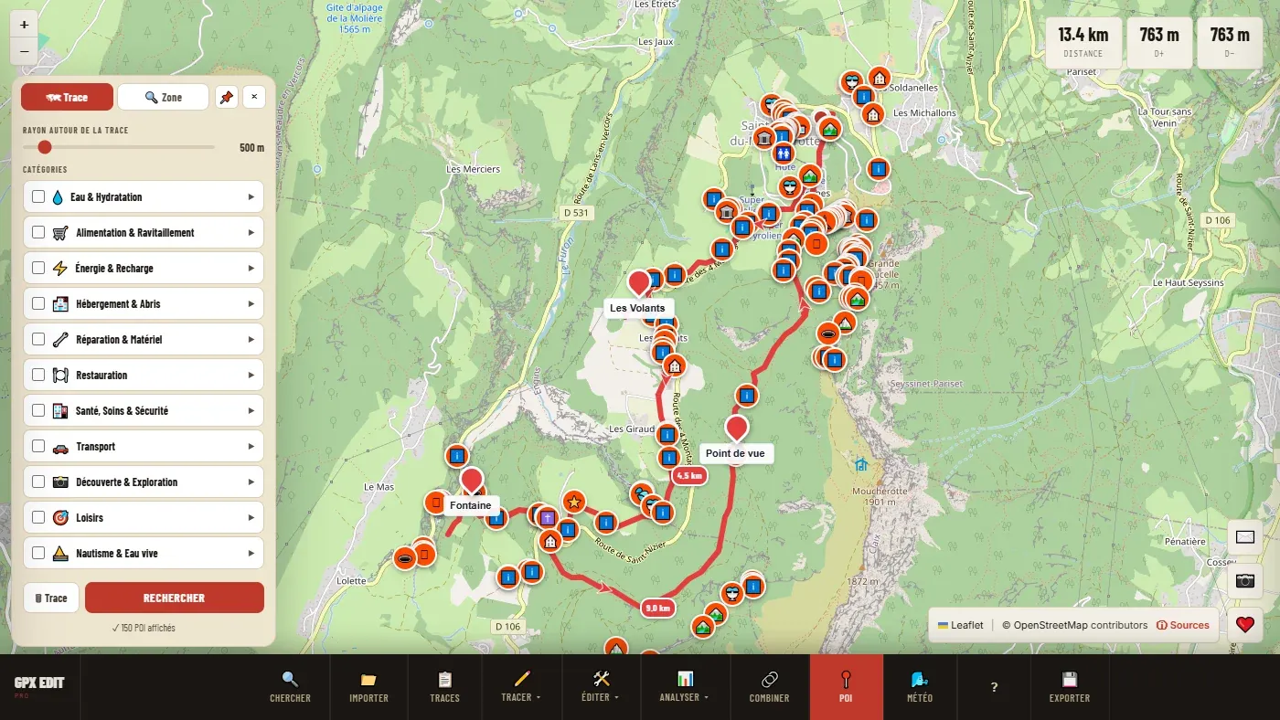 Le panneau des POI, onglet Trace, avec les catégories et les POI affichés le long du parcours